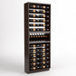 6-column wine bottle display cabinet in dark wood with top rails and a middle curved bottle holder row