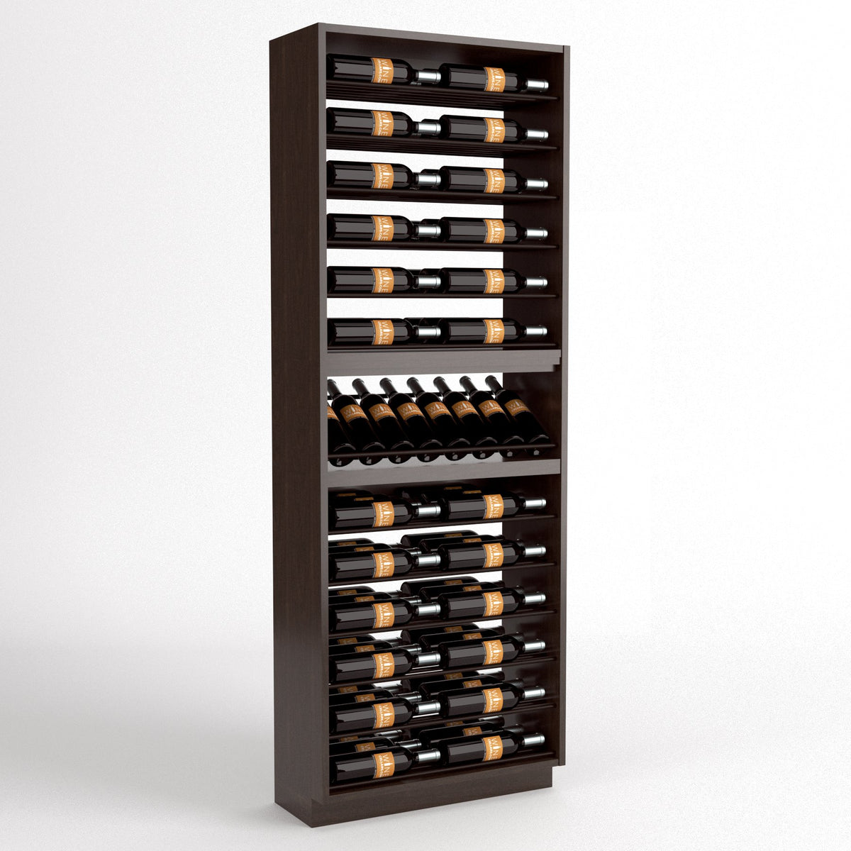 6-column wine bottle display cabinet in dark wood with top rails and a middle curved bottle holder row
