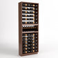 Wine bottle display rack with 6 columns, tall dark wood frame, rails for bottles, and base bottle row