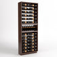 Dark wood wine bottle display rack with multiple horizontal rails and a bottle holder