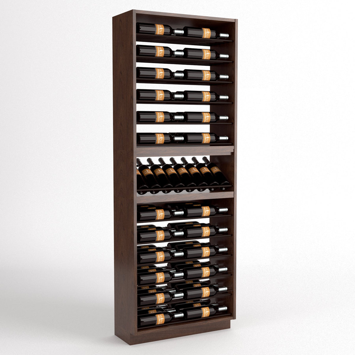 Dark wood wine bottle display rack with multiple horizontal rails and a bottle holder