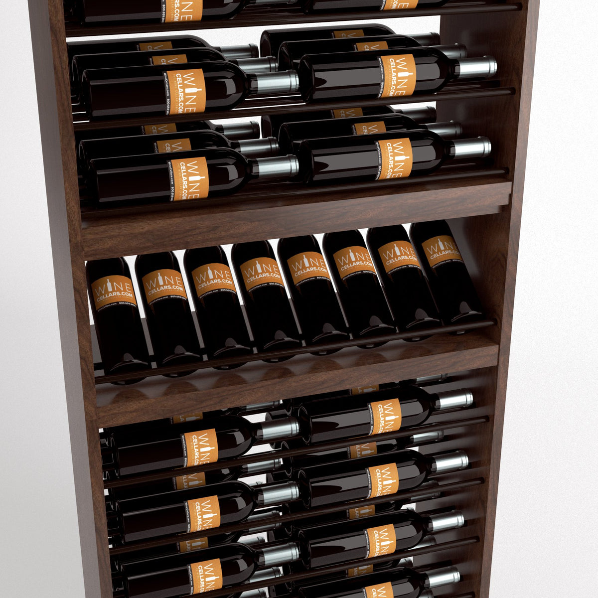 Close-up of dark wood wine rack with bottle neck rails and staggered bottle storage