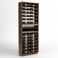 Tall dark wood wine bottle display cabinet with rails, bottle holder row, and storage