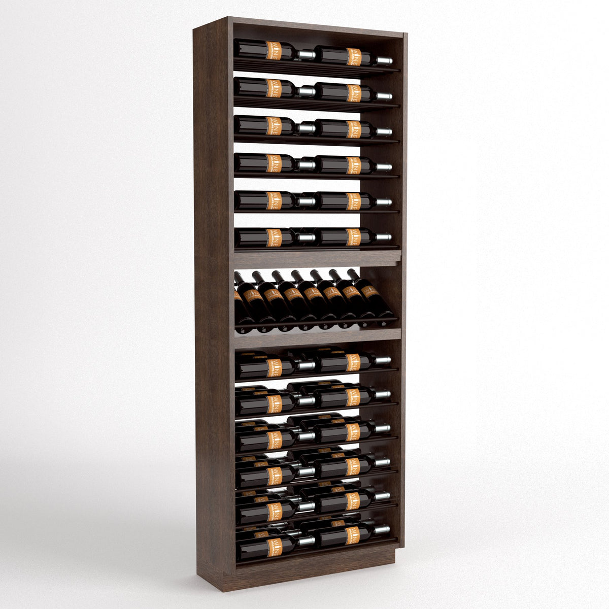Tall dark wood wine bottle display cabinet with rails, bottle holder row, and storage