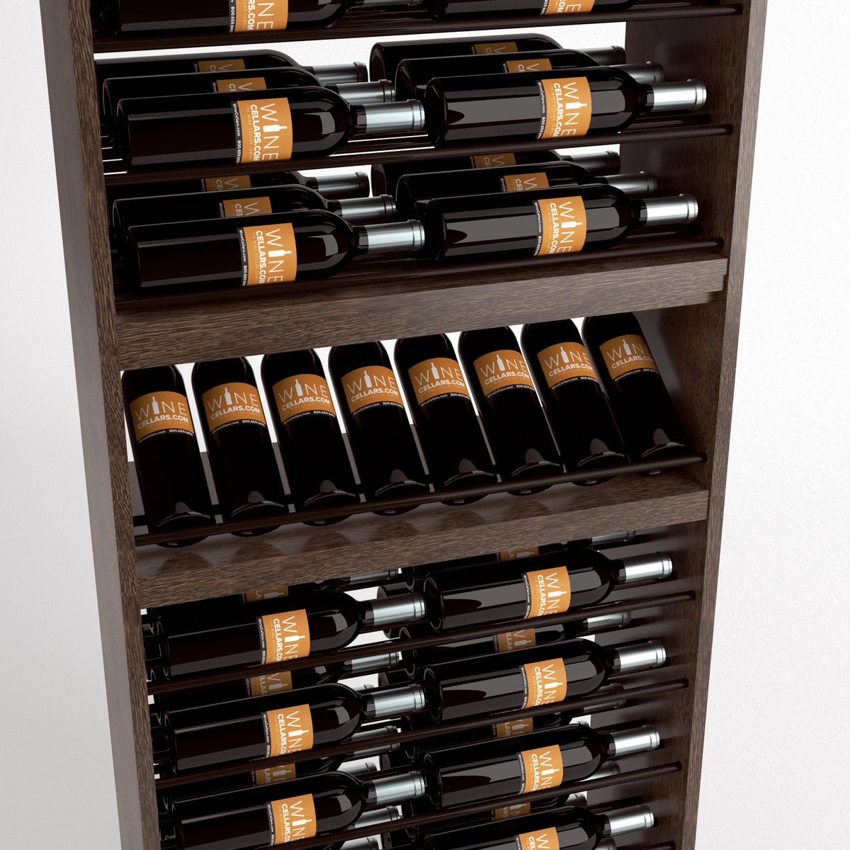 Close-up view of wine bottle rack showing horizontal rails, bottle rows, and holder
