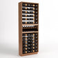 Light-to-medium wood wine bottle display rack with bottle rails and a bottle storage row