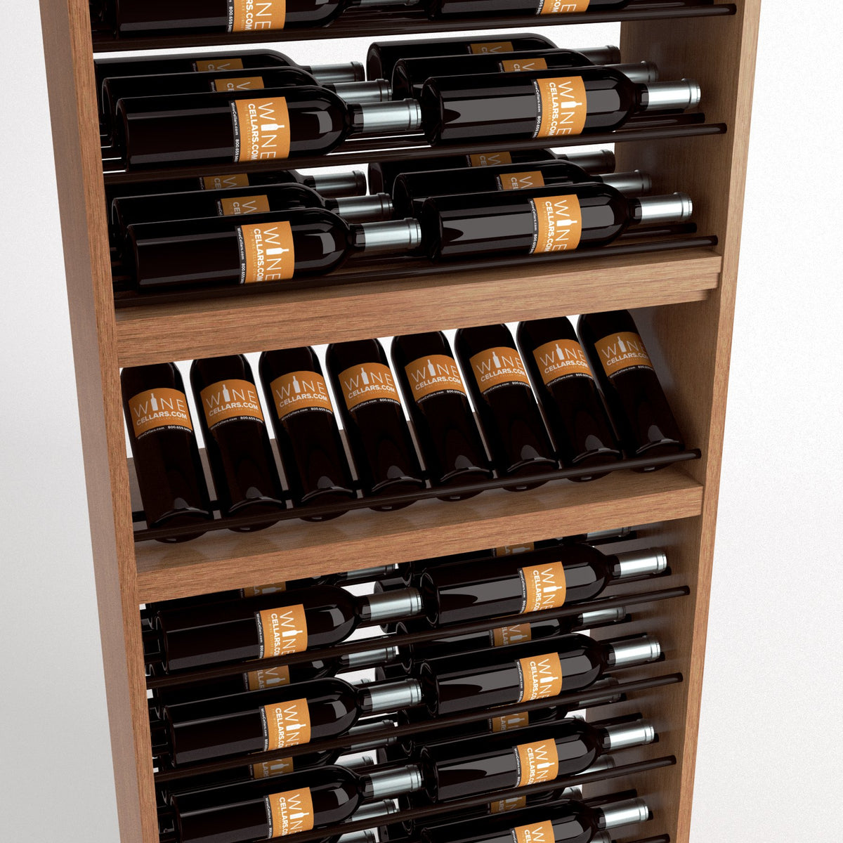 Close-up of wine bottle rack with horizontal rails and front bottle holder tray