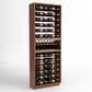 Tall wine bottle display rack in warm wood with multiple rails and a center bottle holder