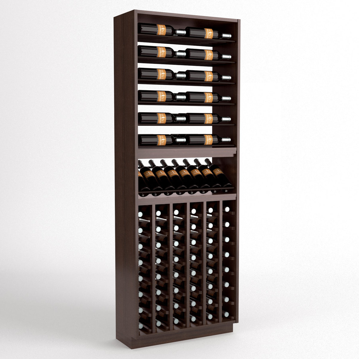 Dark wood wine rack cabinet with bottle rails at top, wine display shelf, and cellar bottle cubbies