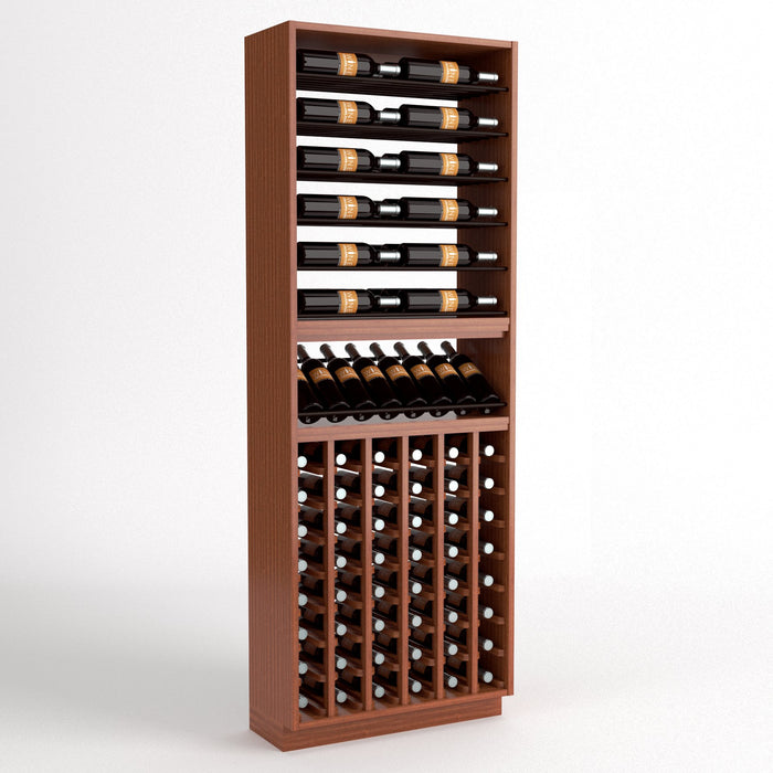 Brown wood wine rack cabinet with top bottle rails and lower wine bottle storage slots