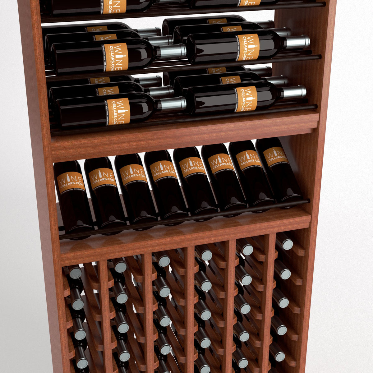 Brown wood wine rack shelves with horizontal bottle rails above a glass-front bottle display
