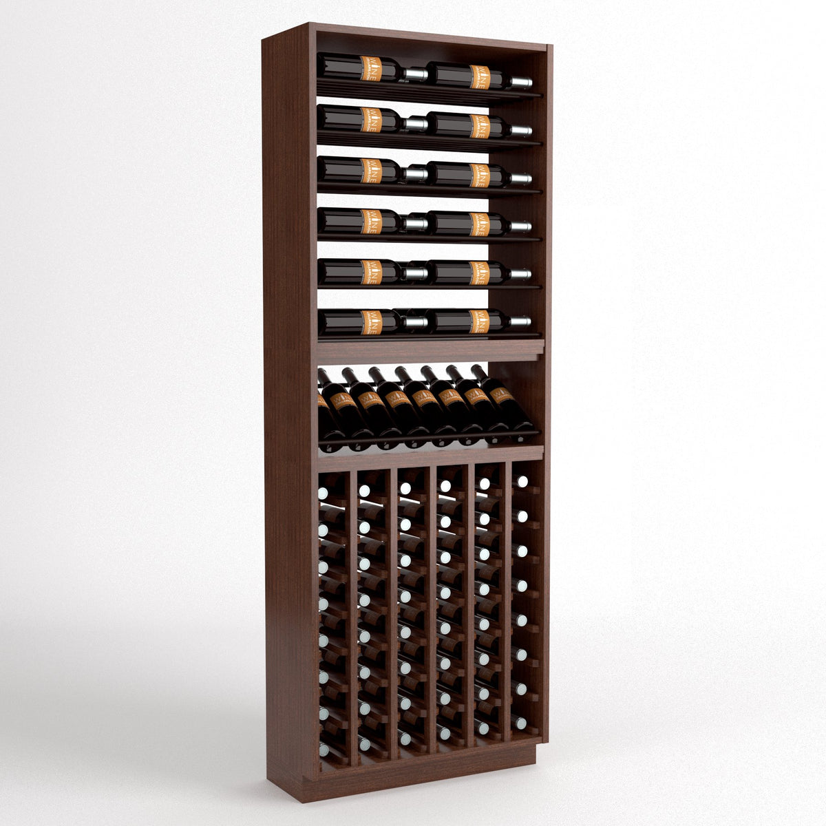 Brown wood wine rack cabinet with top bottle rails, black bottle cradles, and lower cubbies