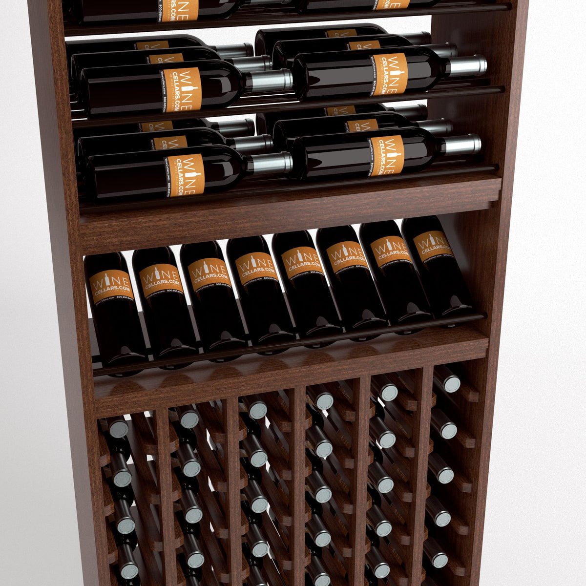Brown wood wine rack with top horizontal bottle rails, middle wine shelf, and lower bottle cubbies