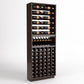 Brown wood wine rack cabinet with top bottle rails, black bottle cradle, and lower wine storage