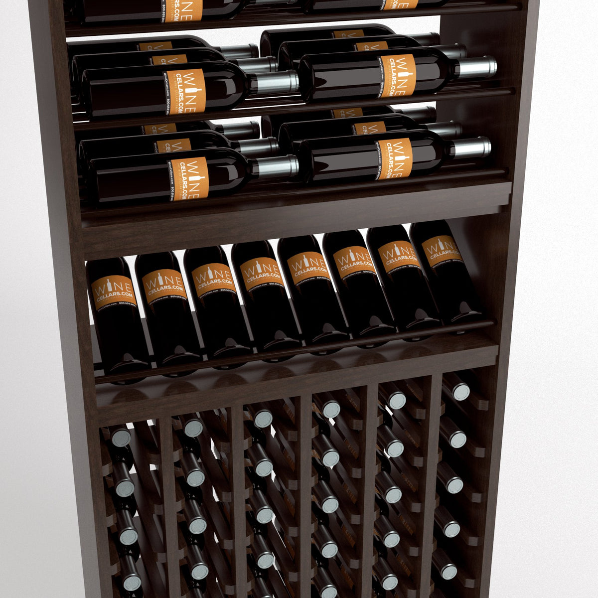 Brown wood wine rack close-up: top bottle rails, middle angled bottle rows, and bottom cubbies