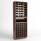 Brown wood wine rack cabinet showing top bottle rails, black cradle row, and lower storage grid