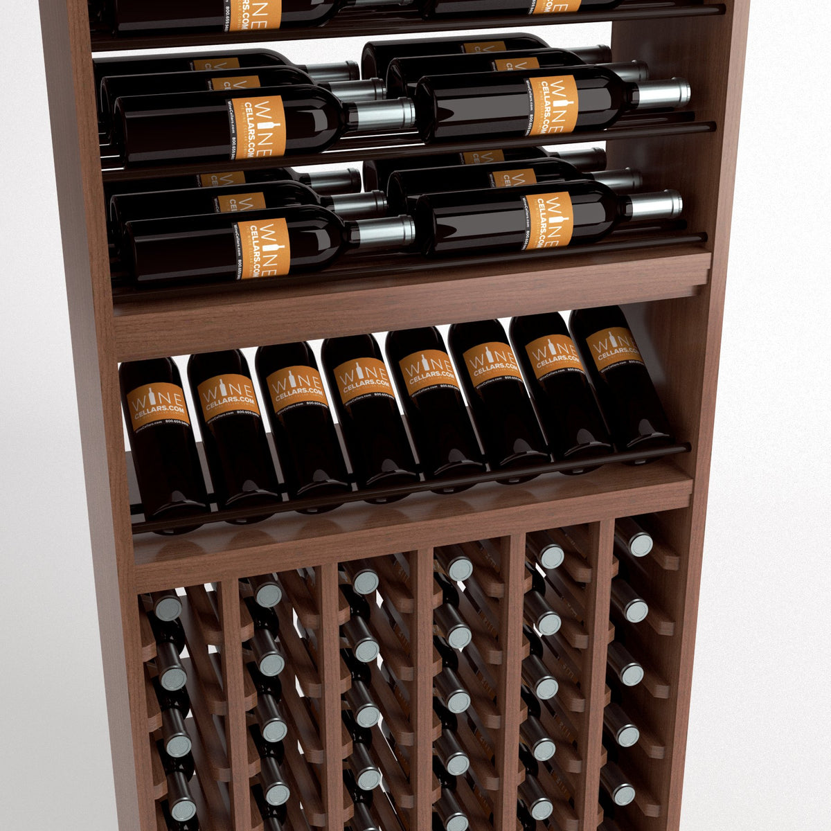 Brown wood wine rack cabinet with horizontal bottle rails, middle wine shelf, and lower cubby storage