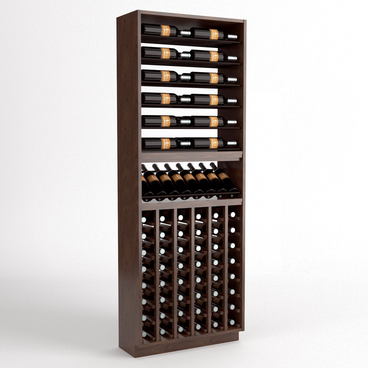 Brown wood wine rack cabinet with top bottle rails, black bottle cradle, and lower bottle slots