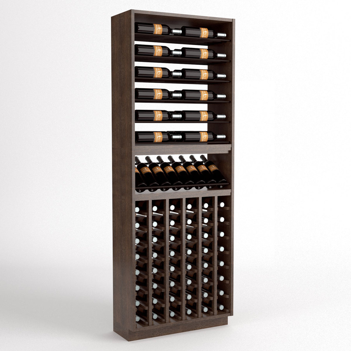 Wood wine rack cabinet with top bottle rails, black bottle cradles, and cubby storage