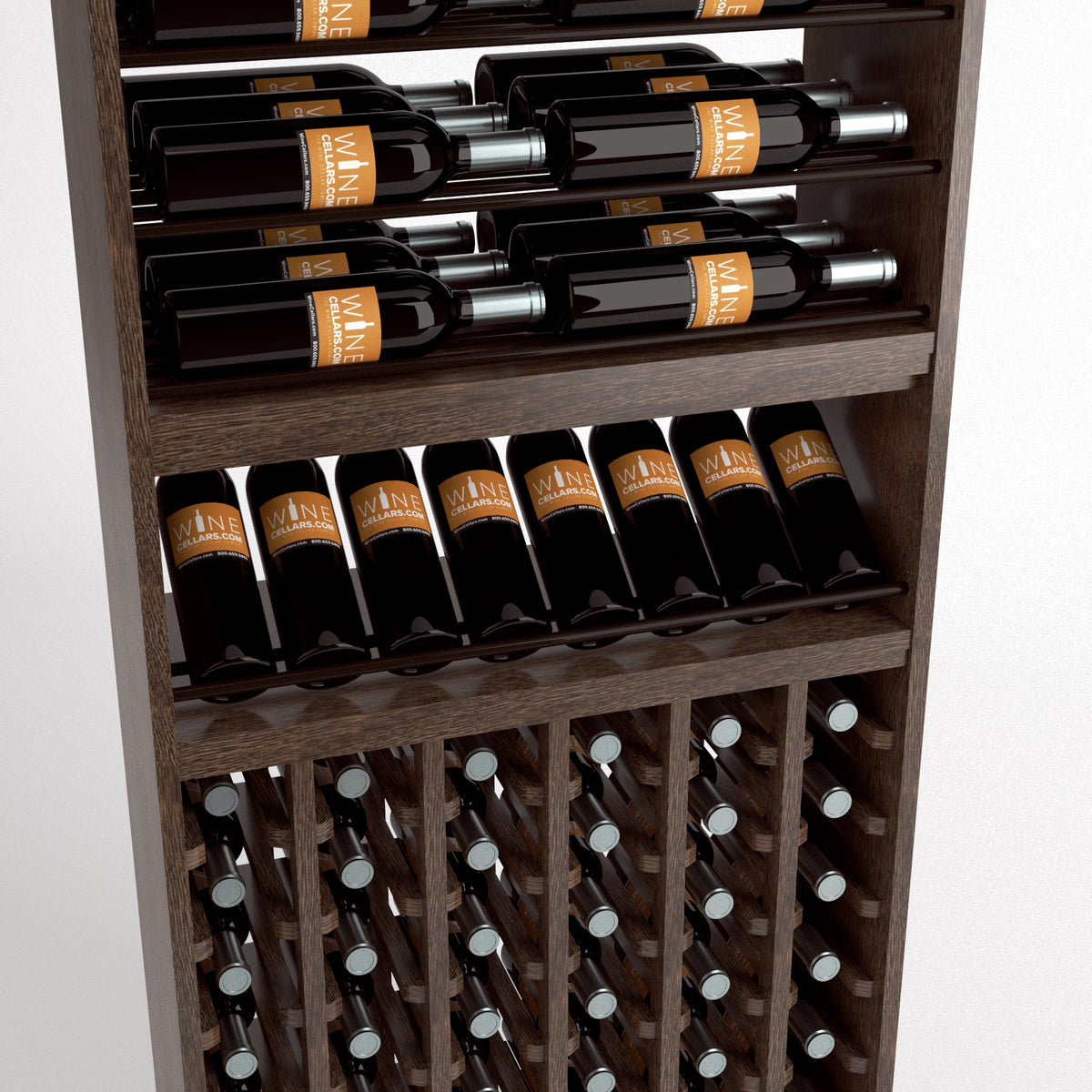 Wood wine rack interior with top bottle rails, slatted cradles, and front wine bottle cubbies