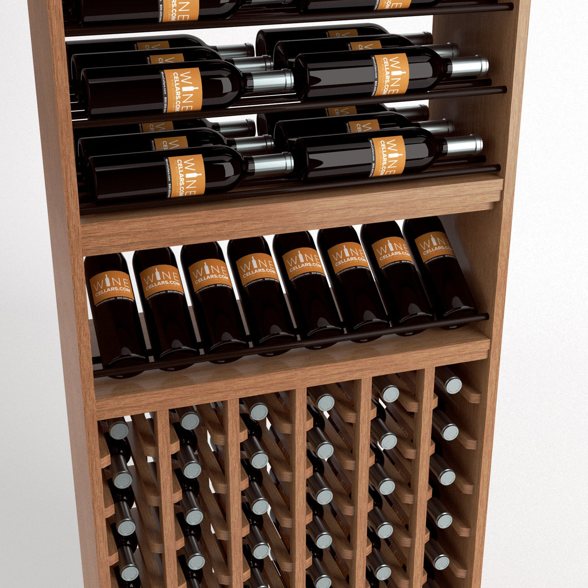 Wood wine rack interior showing bottle rails, bottle display shelf, and front cubby rows