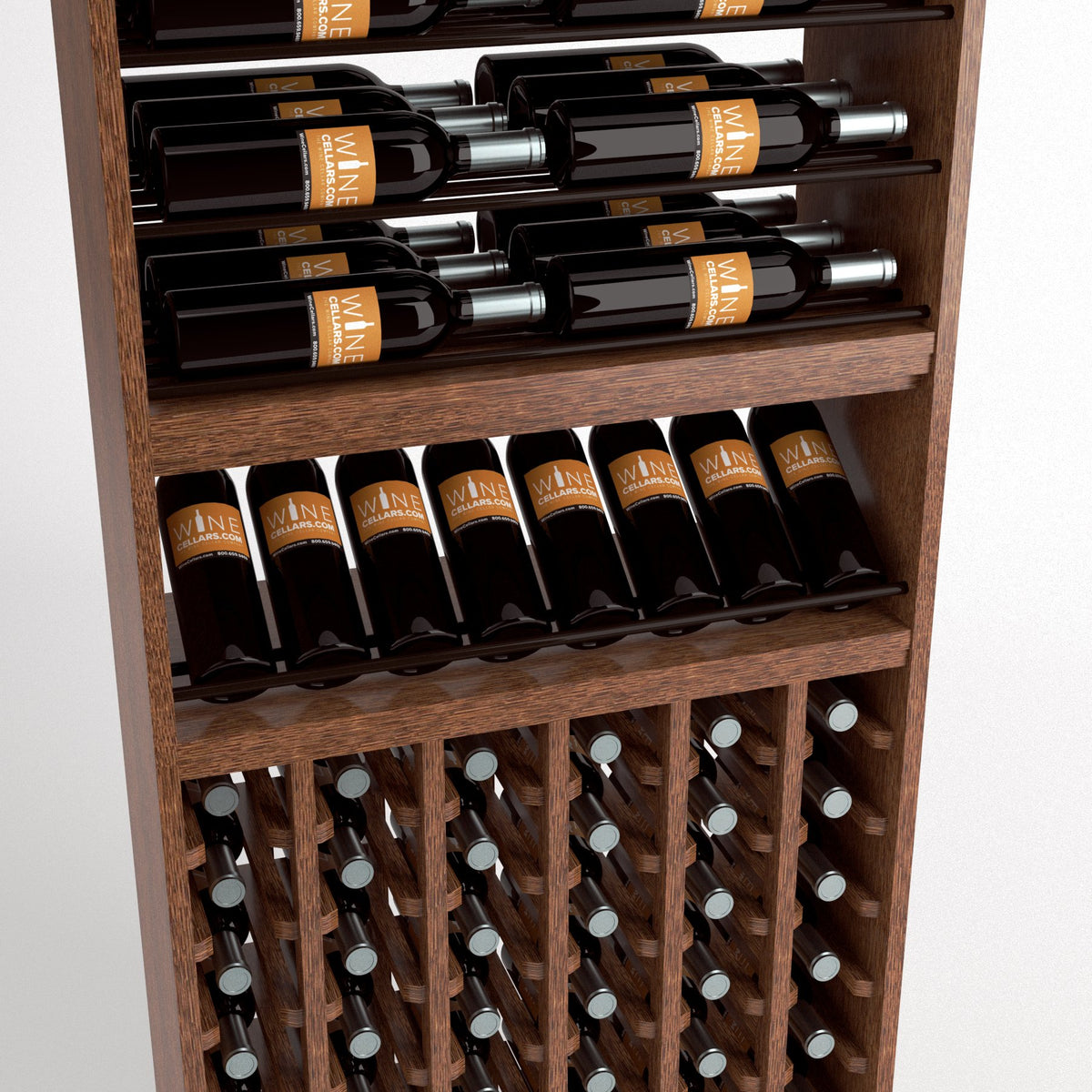 Wood wine rack interior with top bottle rails, slotted display shelf, and front wine cubbies