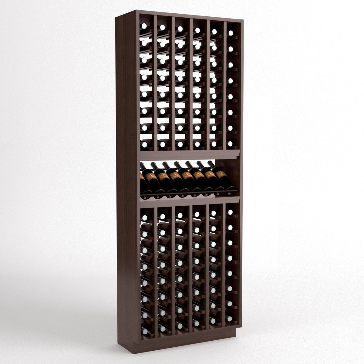 Tall wine bottle display rack with slotted bottle storage and horizontal shelf