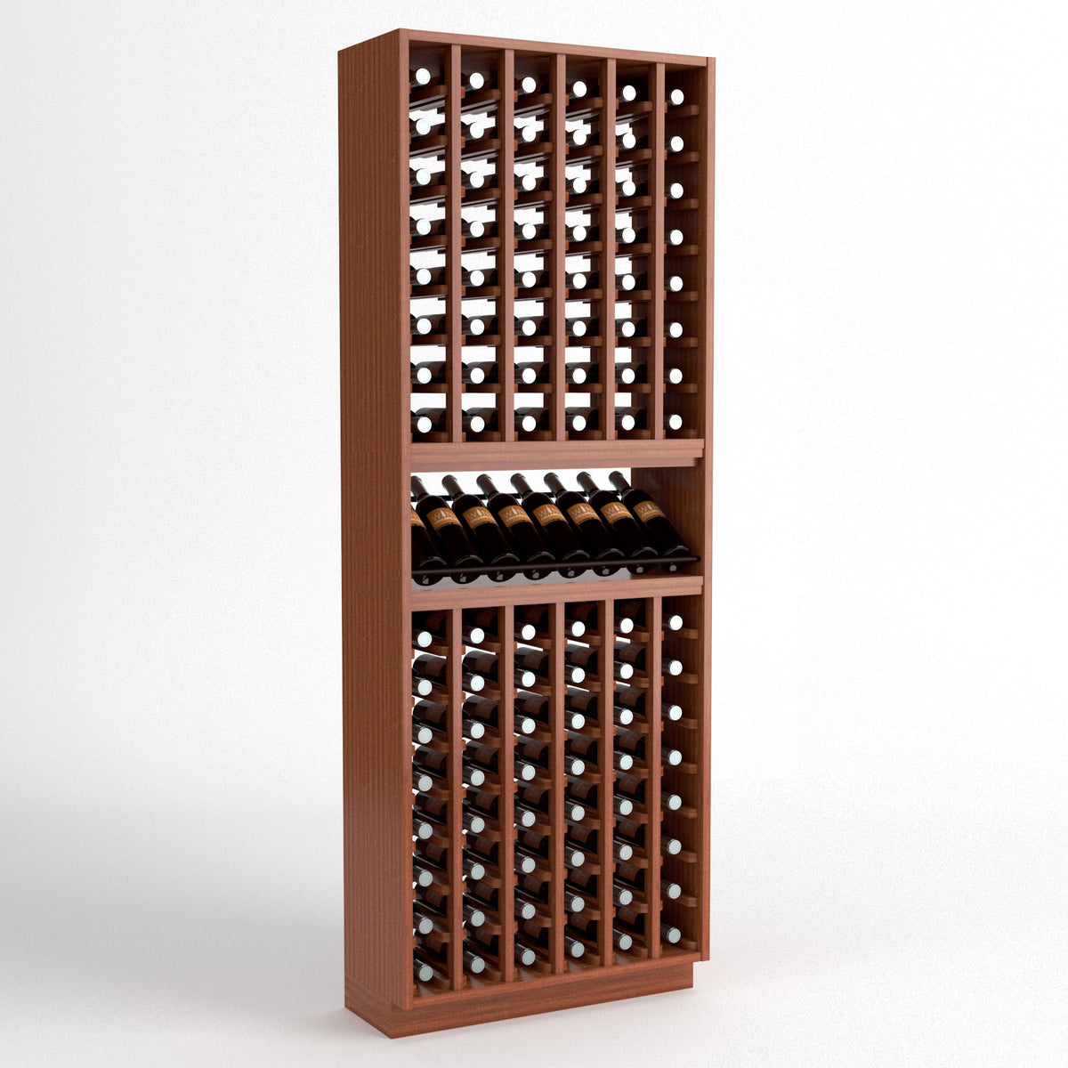 Freestanding wine bottle storage rack with bottle cubbies and a row of bottles
