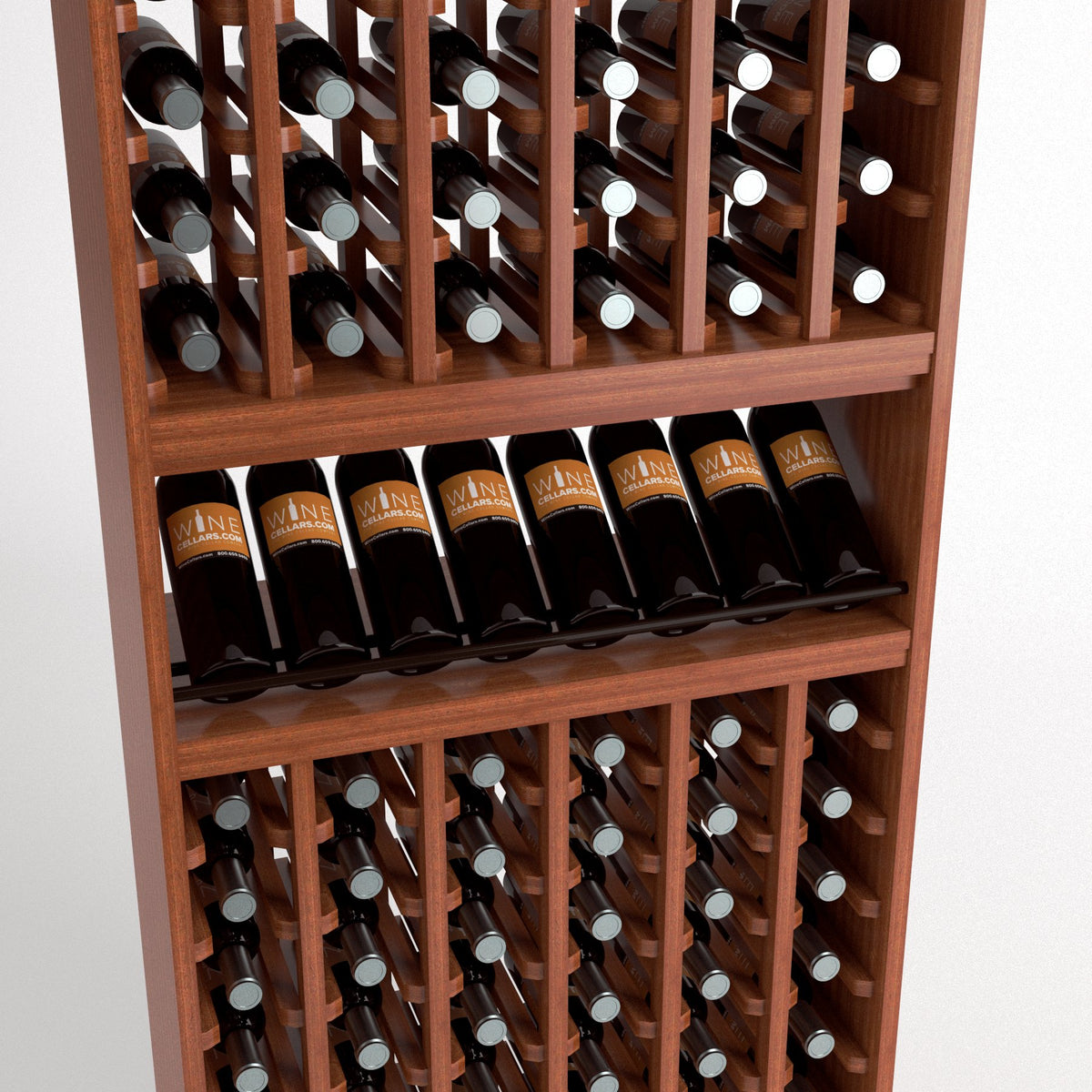 Close-up of wine rack shelving with bottle slots, horizontal tray, and rows
