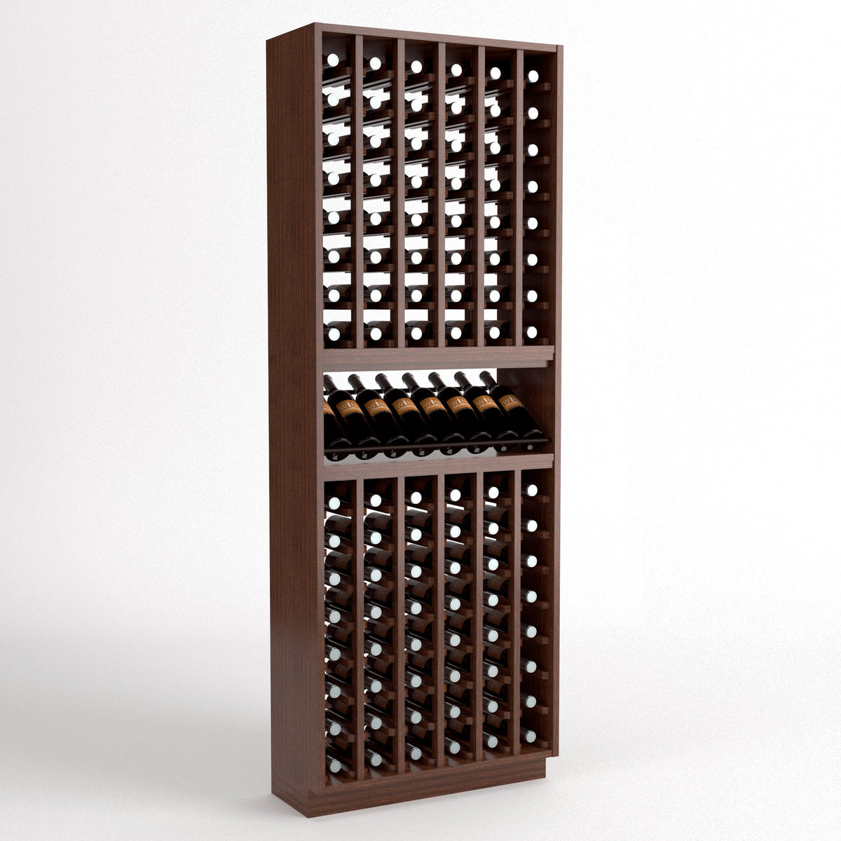 Tall wine bottle display rack in dark brown wood with cubby storage and shelf