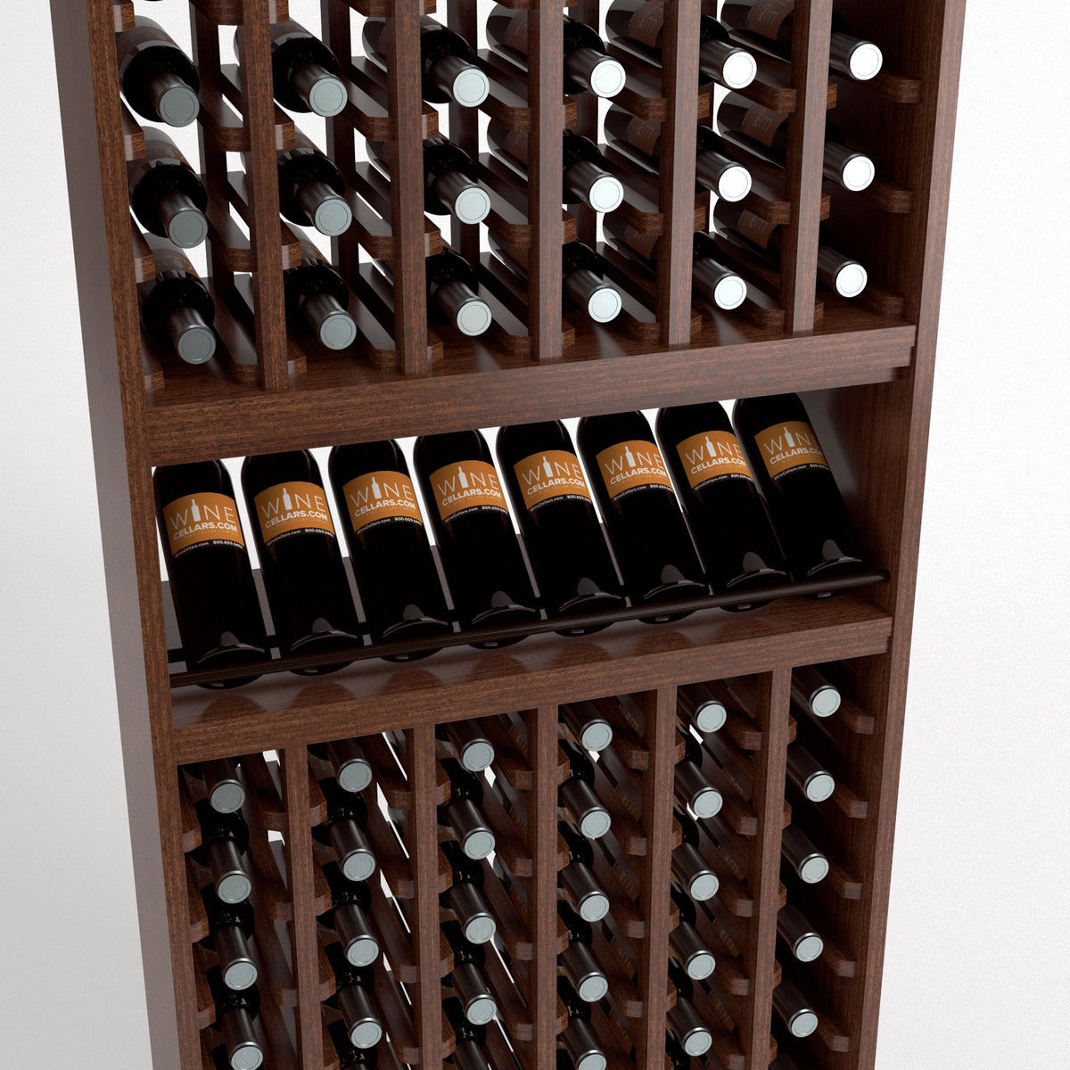 Close-up view of wine bottle rack with cubbies and a bottle tray below