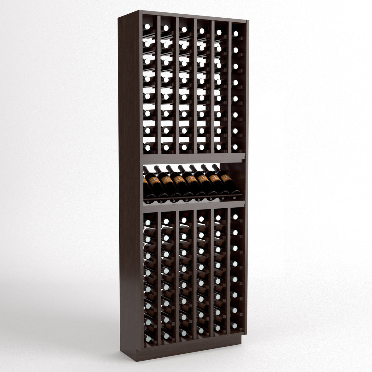 Tall wine bottle storage rack with cubby openings and a center bottle shelf