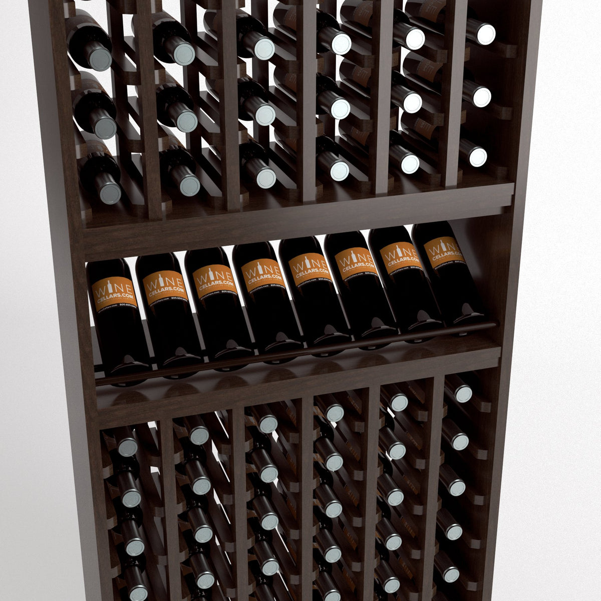 Close-up of wine bottle rack showing bottle slots, horizontal tray, and lower cubbies