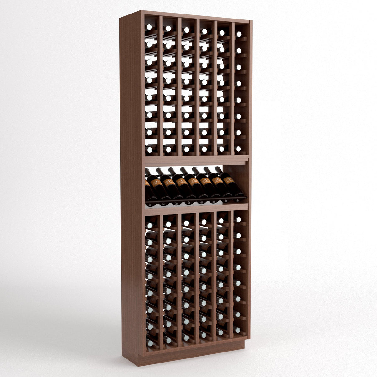 Freestanding wine bottle display rack with slotted cells and a horizontal shelf