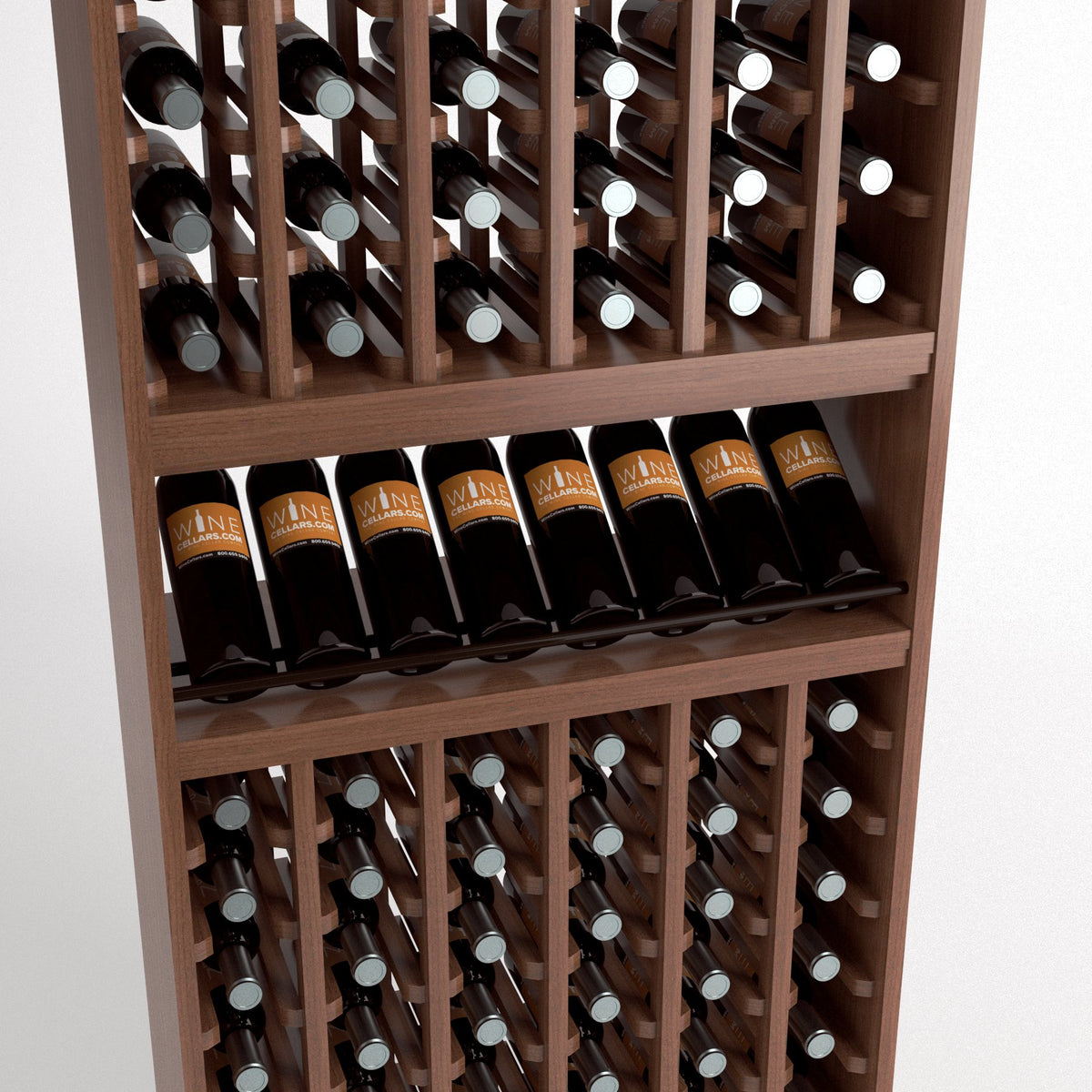 Close-up of wine bottle storage rack with bottle cubbies, tray, and lower slots