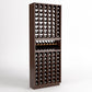 Wood wine bottle display rack with 6-column grid and top bottle row shelves