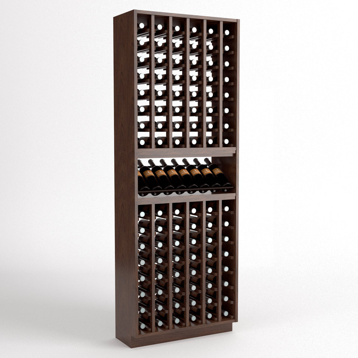 Wood wine bottle display rack with 6-column grid and top bottle row shelves