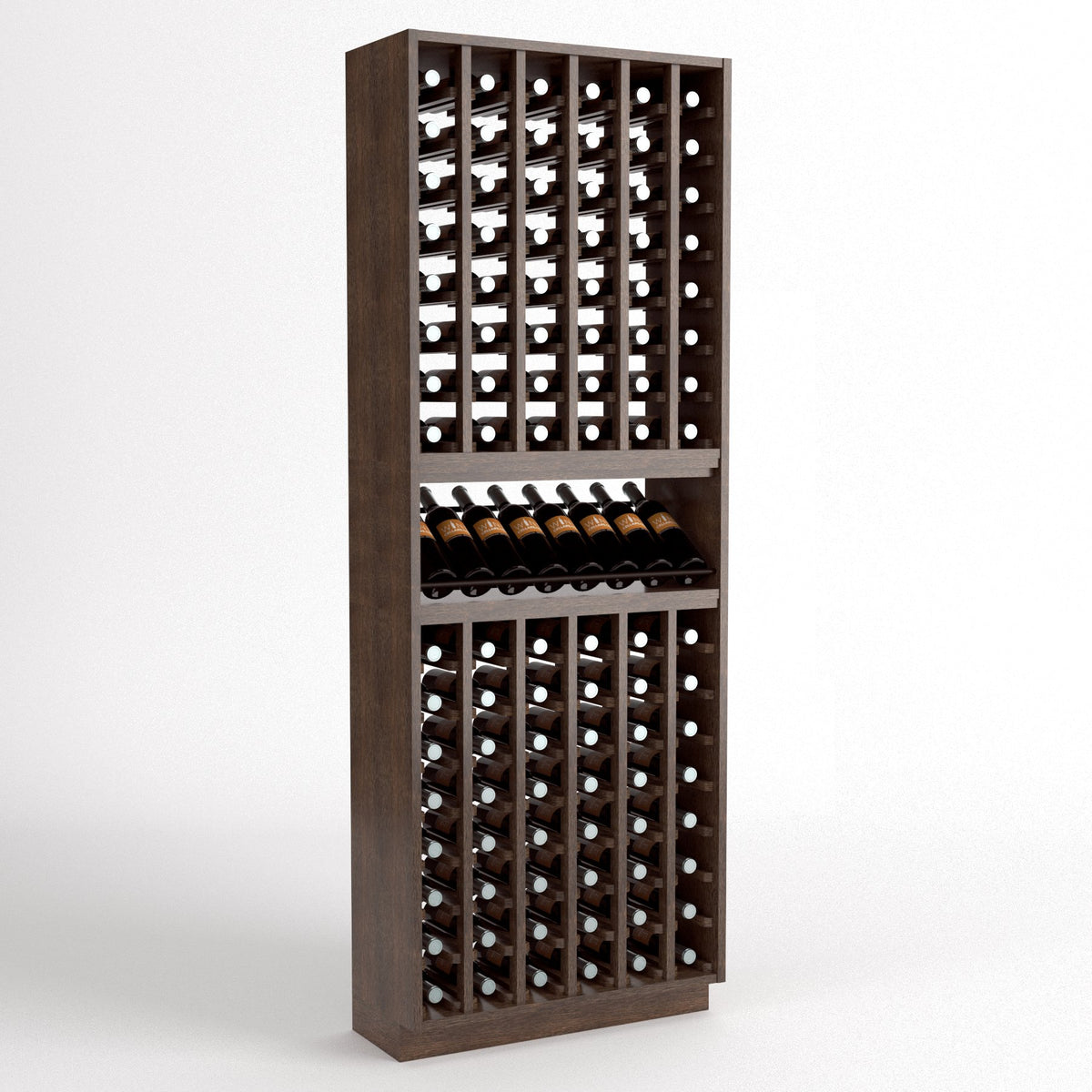 Tall wood wine bottle display rack with front bottle rows and central divider shelving