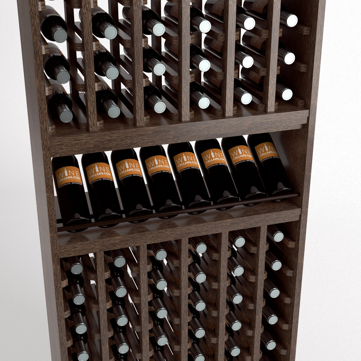 Wood wine bottle rack close-up showing angled bottle slots and front row shelf