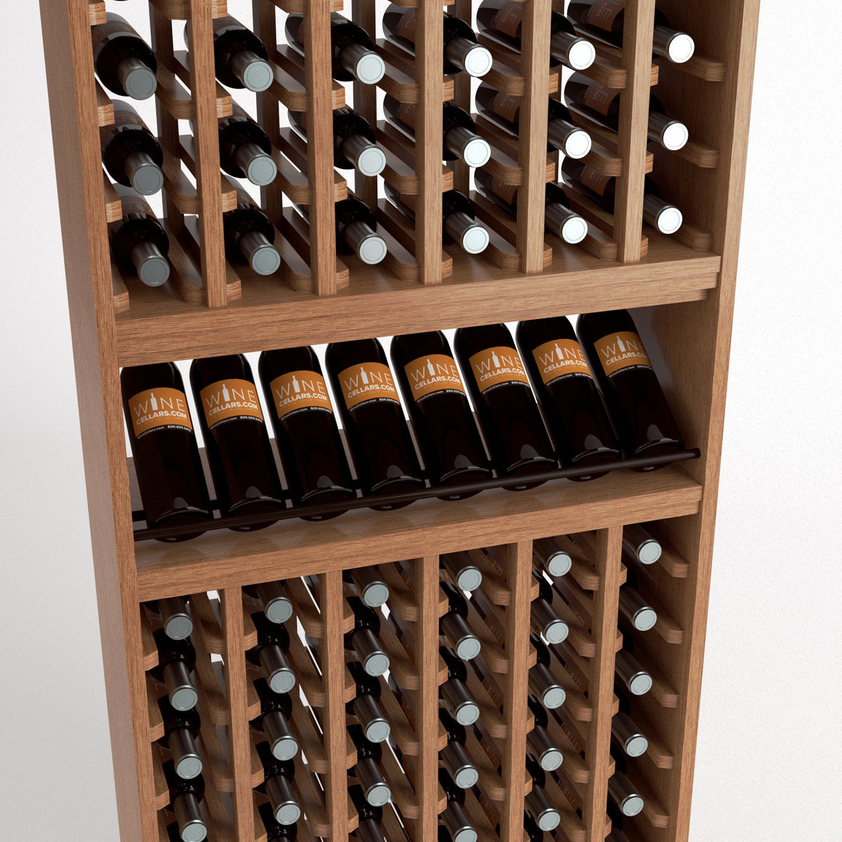 Wood wine rack detail with angled bottle holders, front shelf row, and column grid