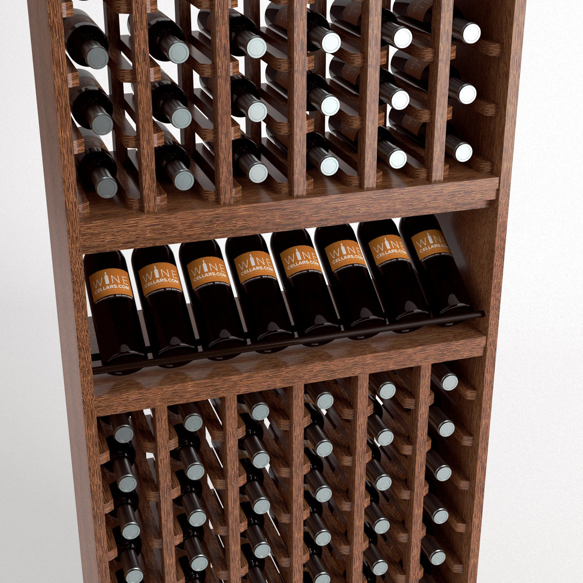 Angled wood wine bottle rack view with front shelf row and lower bottle compartments