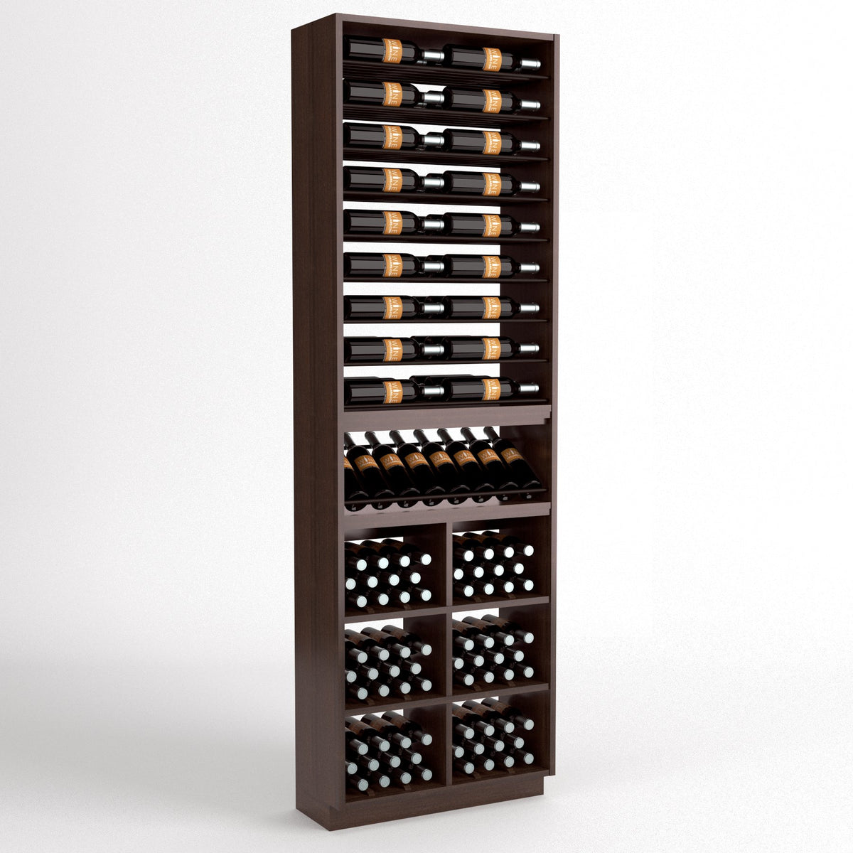 Tall wine bottle display rack with six bottle rails, curved holder, and lower bin grid
