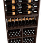 Close-up of wine cabinet interior with bottle racks, decanter shelf, and glass holders