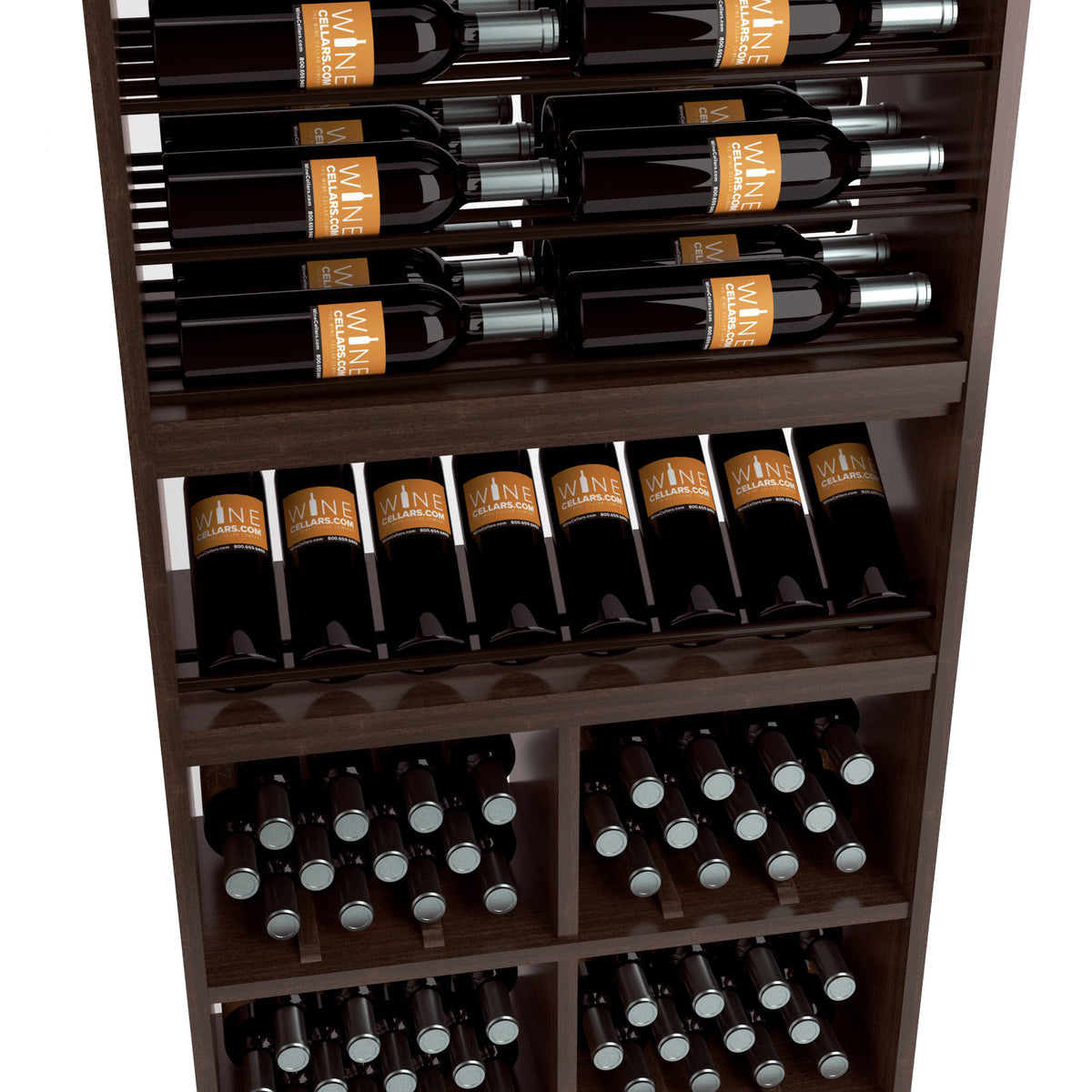 Close-up of wine cabinet interior with bottle racks, decanter shelf, and glass holders