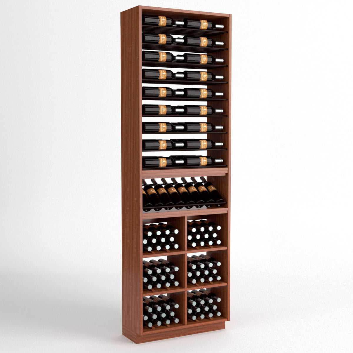 Dark wood wine storage cabinet featuring bottle cubbies, wine glass storage, and bins