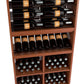 Wood wine display rack featuring bottle rails above and stemware holder compartments