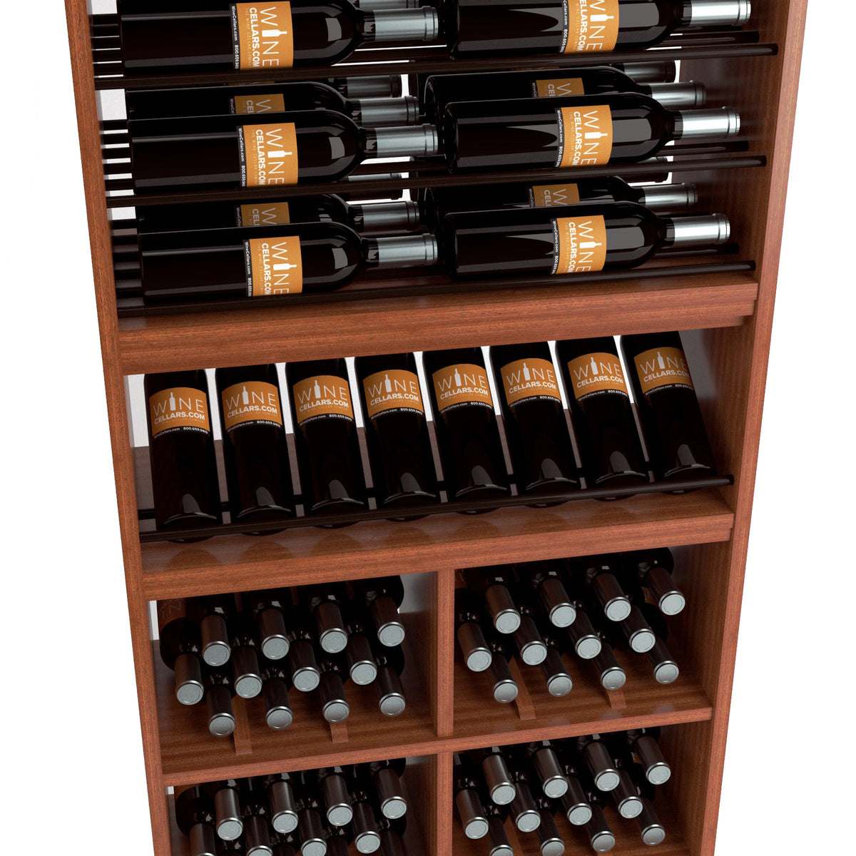 Wood wine display rack featuring bottle rails above and stemware holder compartments