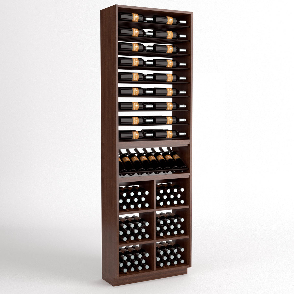 Tall dark wood wine storage cabinet with bottle racks, glass holders, and wine bins