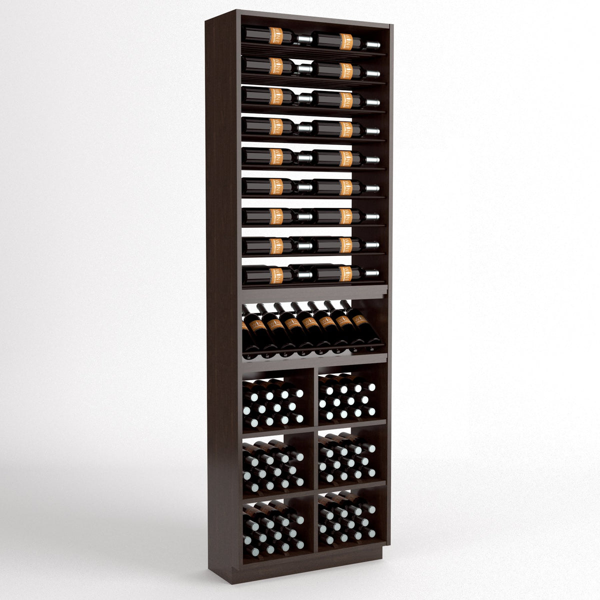 Dark wood wine storage cabinet with 6-column bottle racks, wine glass storage and bins