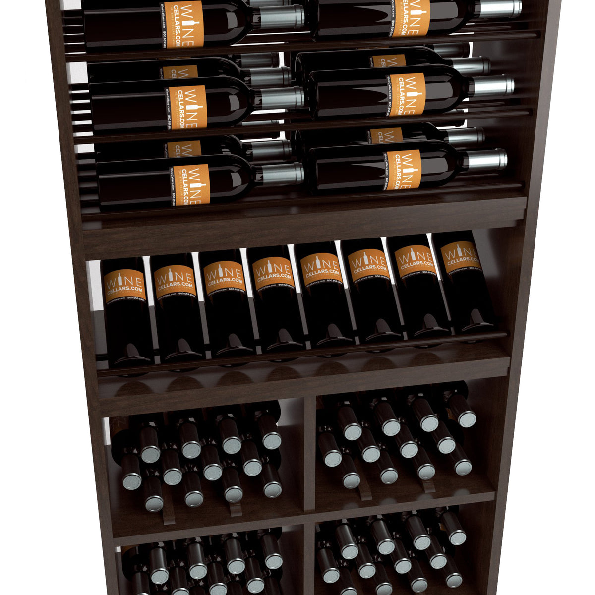 Close-up of dark wood wine display with bottle slots, decanter rack, and wine glass storage